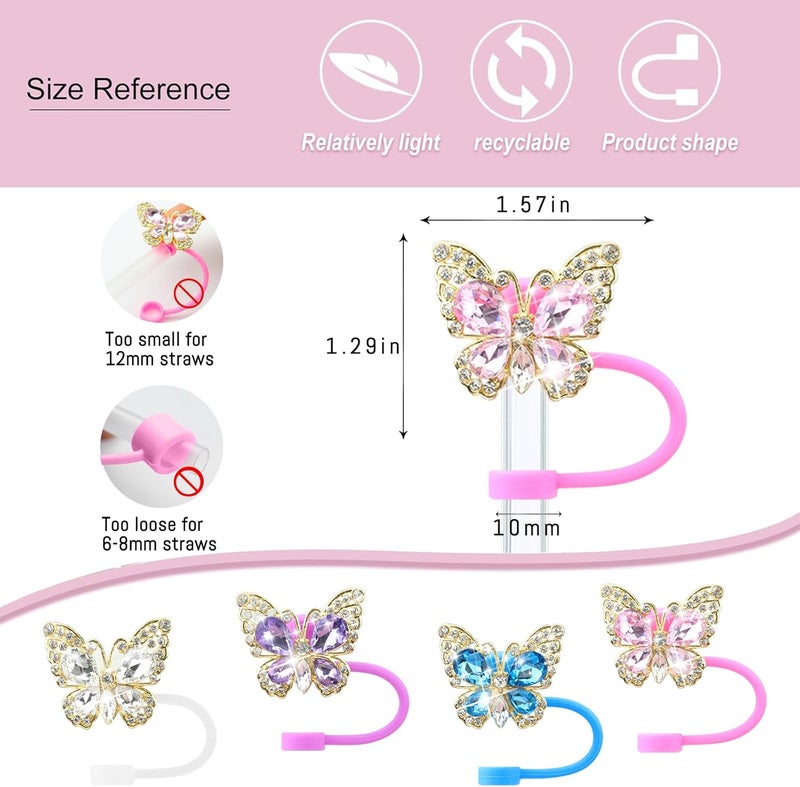 SEMATA 4PCS Cute Butterfly Straw Cover Cap for Stanley Cup Accessories,Bling Crystals Straw Toppers for Stanley Tumbler 40&30 oz,Rhinestone Reusable Straws Tips Protectors Compatible with 10mm Straws - Image 2